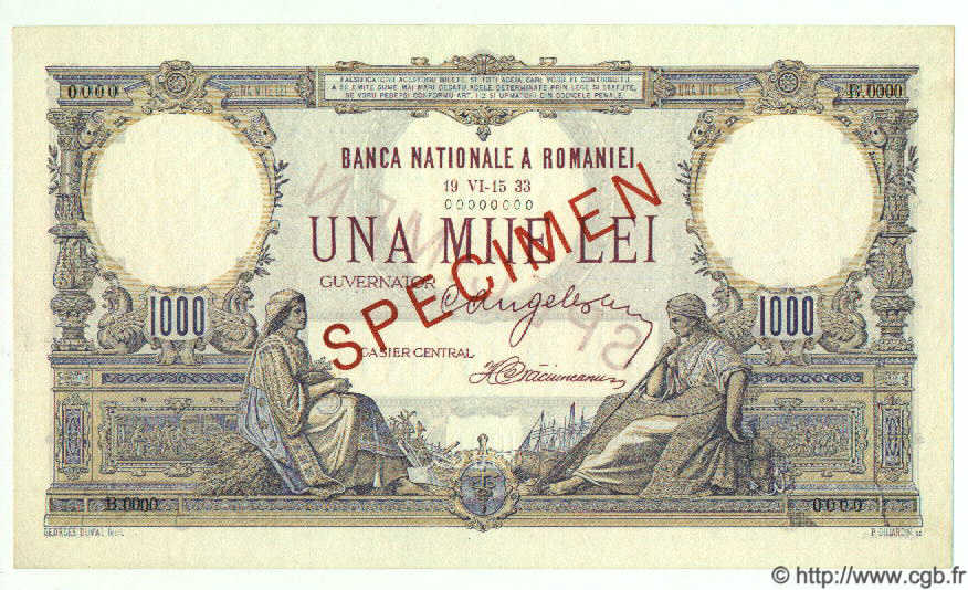 1000 Lei Spécimen RUMANIA  1933 P.034s SC+