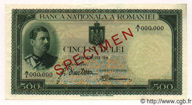 500 Lei Spécimen ROMANIA  1934 P.036s XF