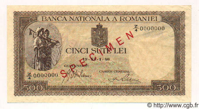 500 Lei Spécimen ROMANIA  1940 P.051as SPL+