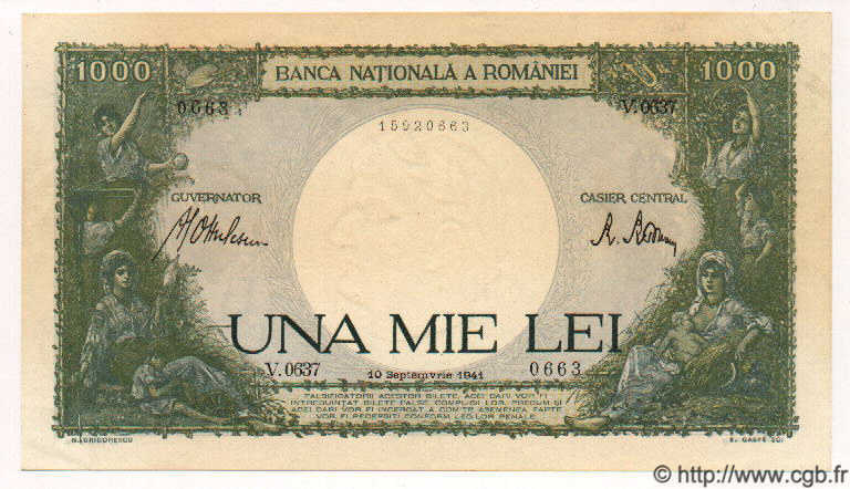1000 Lei Fauté ROMANIA  1941 P.052a AU