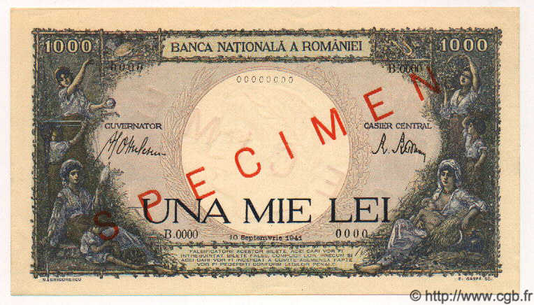1000 Lei Spécimen ROMANIA  1941 P.052a q.FDC