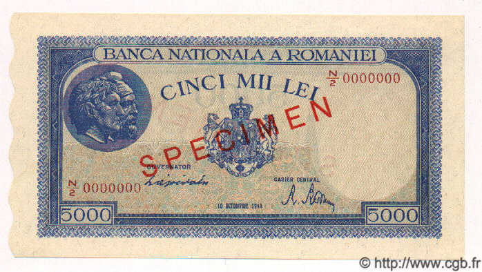5000 Lei Spécimen RUMANIA  1944 P.056s FDC