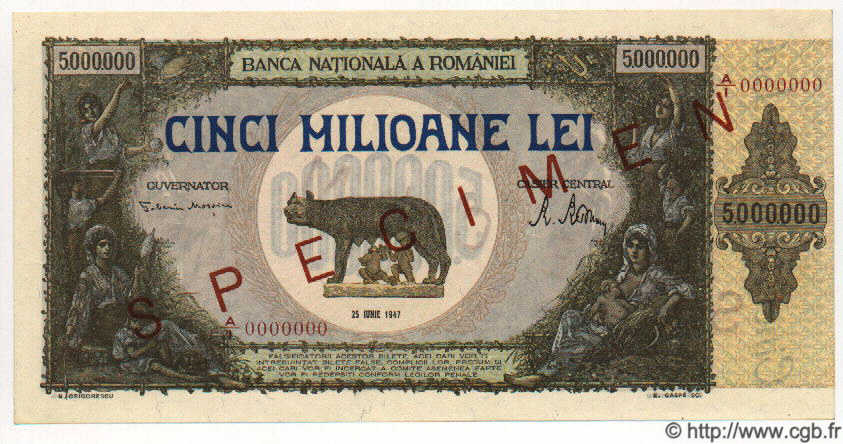 5000000 Lei Spécimen RUMANIA  1947 P.061s FDC