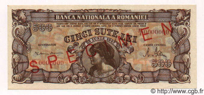 500 Lei Spécimen ROMANIA  1947 P.063s FDC