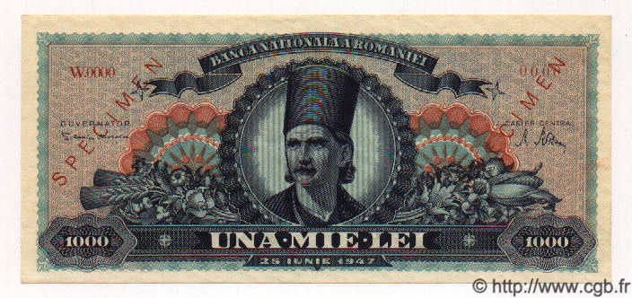 1000 Lei Spécimen ROMANIA  1947 P.064s UNC