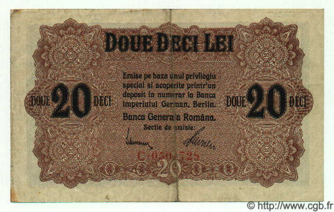 20 Lei ROMANIA  1917 P.M06 VF+