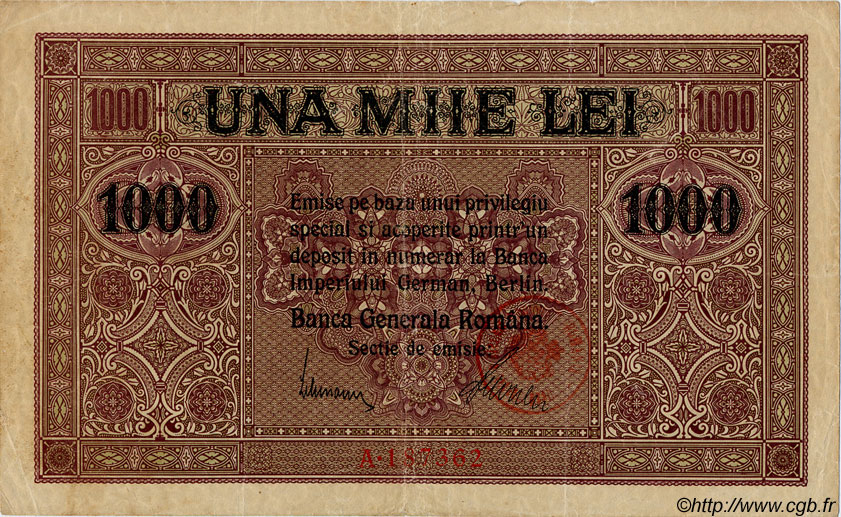 1000 Lei ROMANIA  1917 P.M08 VF