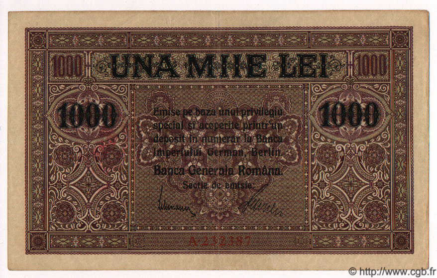 1000 Lei ROMANIA  1917 P.M08 VF+