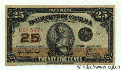 25 Cents CANADA  1923 P.010 q.SPL
