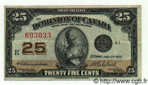25 Cents CANADA  1923 P.011c TTB+