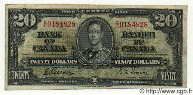 20 Dollars CANADA  1937 P.062b F - VF