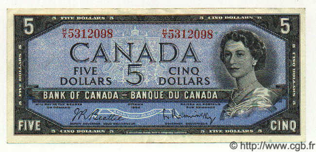 5 Dollars CANADA  1954 P.077b XF+