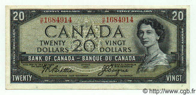 20 Dollars KANADA  1954 P.080a fST+