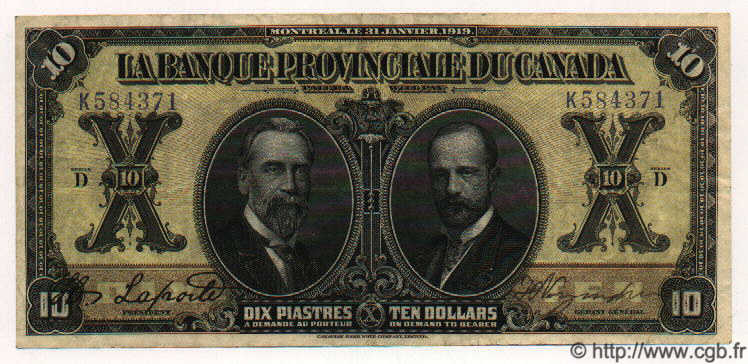 10 Dollars / 10 Piastres CANADA  1919 PS.0917var q.SPL