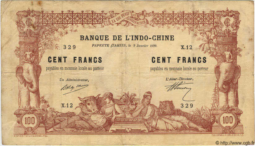 100 Francs TAHITI  1920 P.06b F+