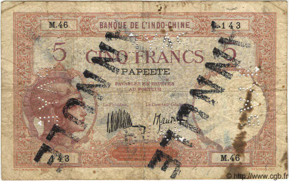 5 Francs Annulé TAHITI  1936 P.11b SGE