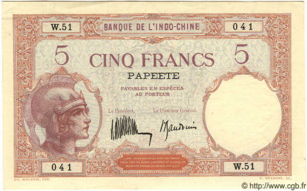 5 Francs TAHITI  1936 P.11b XF