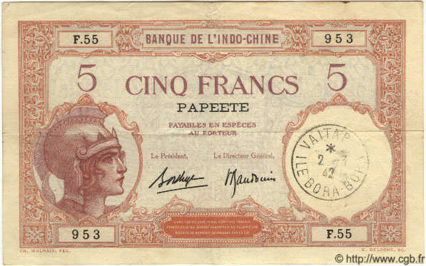 5 Francs TAHITI  1940 P.11c q.BB