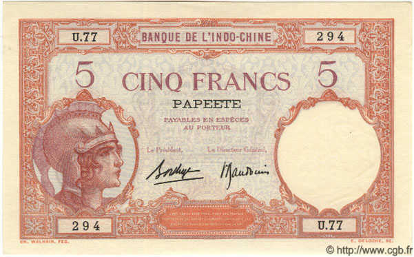 5 Francs TAHITI  1940 P.11c UNC