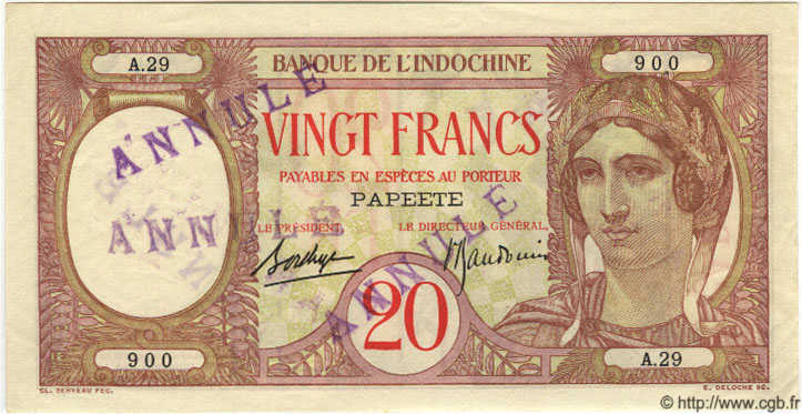 20 Francs Annulé TAHITI  1940 P.12c XF