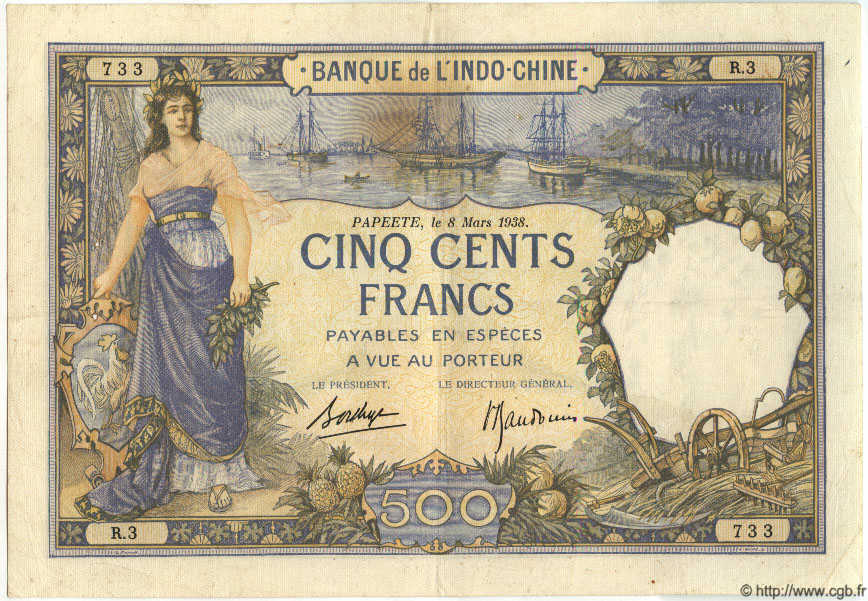 500 Francs TAHITI  1938 P.13b BC+