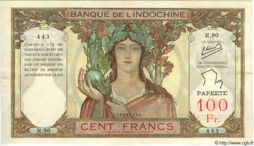 100 Francs TAHITI  1960 P.14c VF+