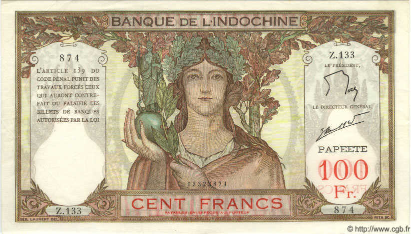 100 Francs TAHITI  1965 P.14d fST