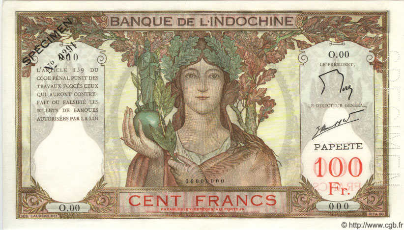 100 Francs Spécimen TAHITI  1965 P.14ds UNC
