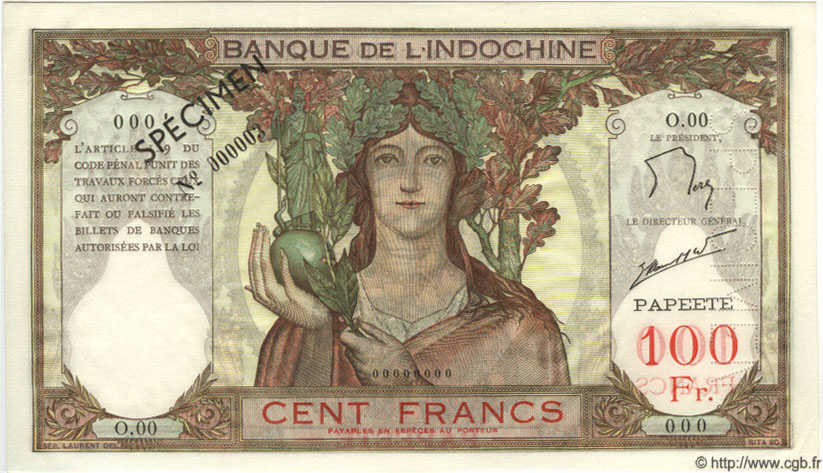 100 Francs Spécimen TAHITI  1965 P.14ds fST+