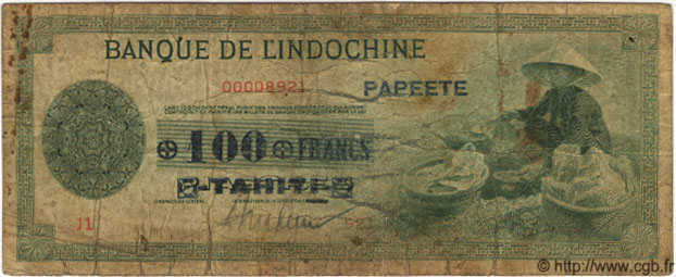 100 Francs TAHITI  1943 P.17a G