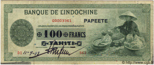 100 Francs TAHITI  1943 P.17a VF-