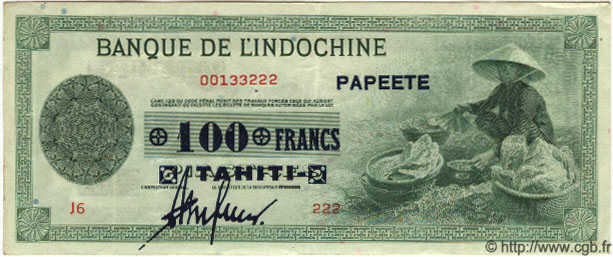 100 Francs TAHITI  1943 P.17b fVZ