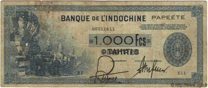 1000 Francs TAHITI  1943 P.18b RC+