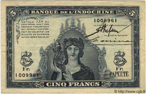 5 Francs TAHITI  1944 P.19a VF