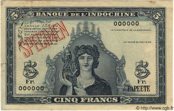 5 Francs Spécimen TAHITI  1944 P.19s XF-