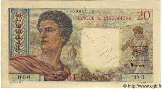 20 Francs Spécimen TAHITI  1951 P.21as SC