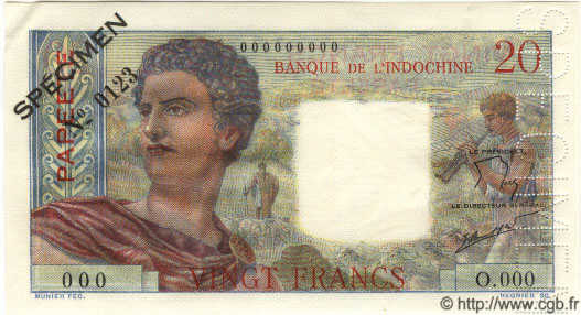 20 Francs Spécimen TAHITI  1960 P.21cs fST+
