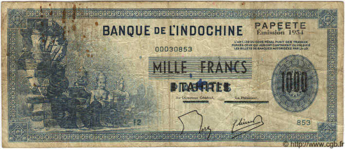 1000 Francs TAHITI  1954 P.22 VG