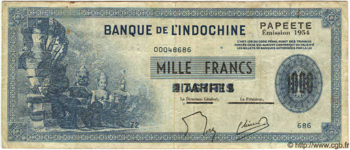 1000 Francs TAHITI  1954 P.22 MBC