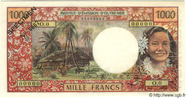 1000 Francs Spécimen TAHITI  1968 P.26s UNC-