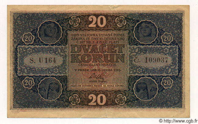20 Korun CHECOSLOVAQUIA  1919 P.009a MBC+ a EBC