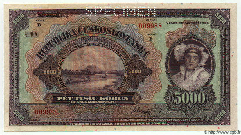 5000 Korun Spécimen TSCHECHOSLOWAKEI  1920 P.019s ST
