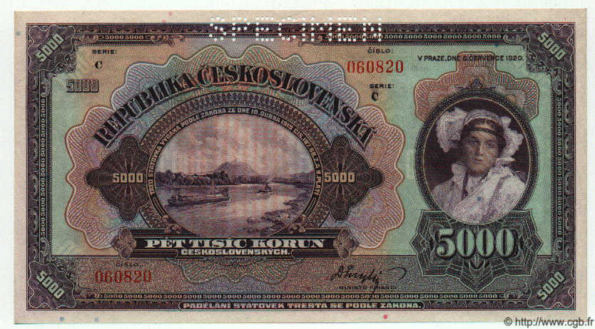 5000 Korun Spécimen CZECHOSLOVAKIA  1920 P.019s UNC-