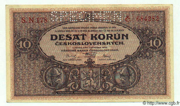 10 Korun Spécimen CECOSLOVACCHIA  1927 P.020s SPL
