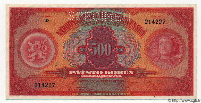 500 Korun Spécimen CHECOSLOVAQUIA  1929 P.024s FDC