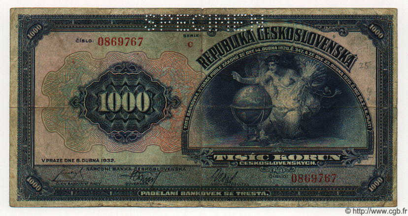 1000 Korun Spécimen CHECOSLOVAQUIA  1932 P.025s RC+