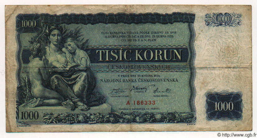 1000 Korun CZECHOSLOVAKIA  1934 P.026a F