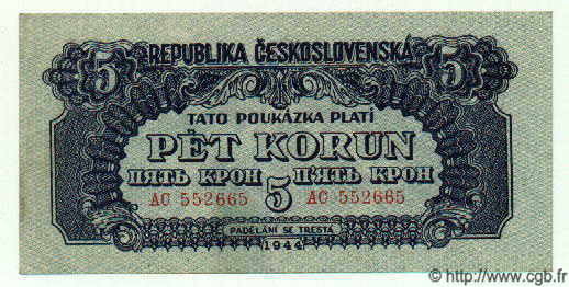 5 Korun CZECHOSLOVAKIA  1944 P.046a XF