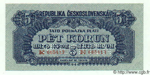 5 Korun Spécimen CZECHOSLOVAKIA  1944 P.046bs UNC