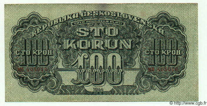 100 Korun TSCHECHOSLOWAKEI  1944 P.048a fVZ